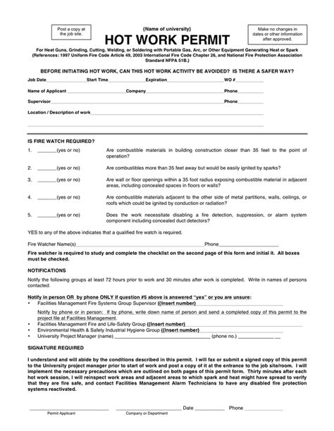 Hot Work Permit Form Printable Printable Forms Free Online