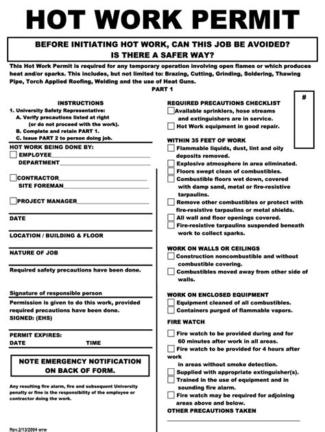 Hot Work Permit Sample Form Fill Out Printable Pdf Forms Online