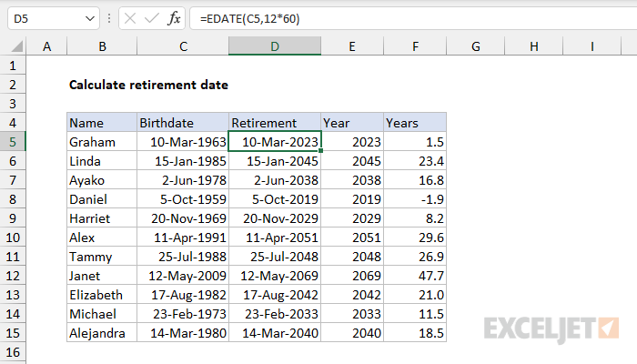 How To Calculate Retirement Date From Date Of Birth In Excel