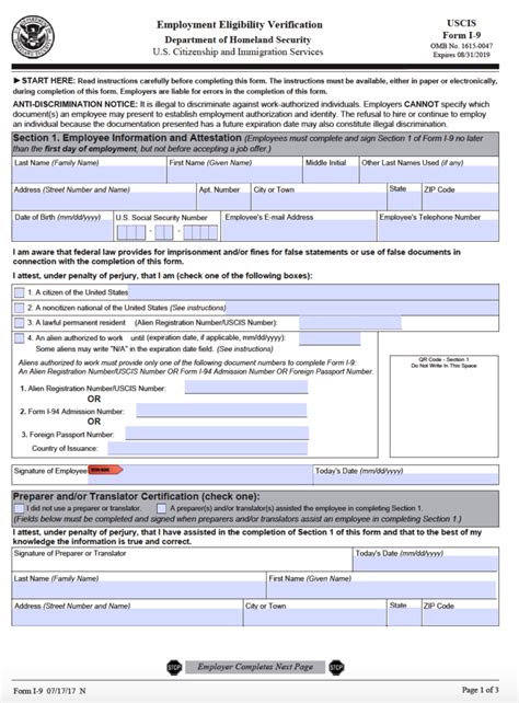 I 9 Form Employment Eligibility Verification Free Online Forms