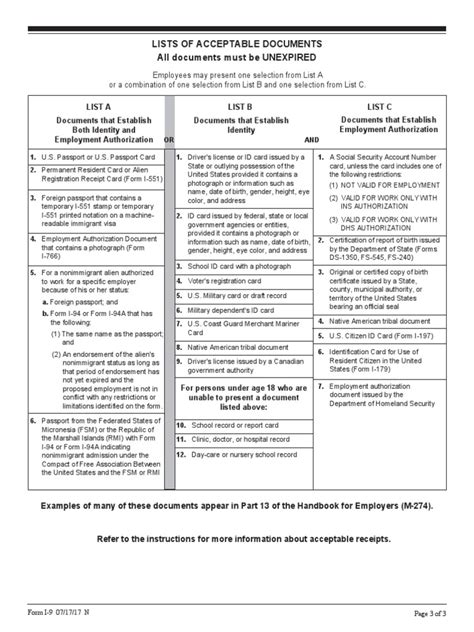 I 9 Lists Of Acceptable Documents Permanent Residence United States