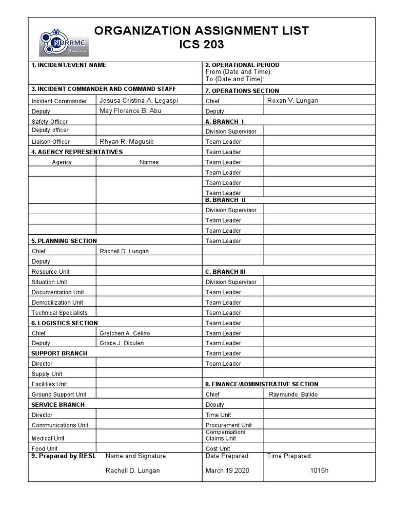 Ics Form 203 Organization Assignment List Fill And Sign Printable