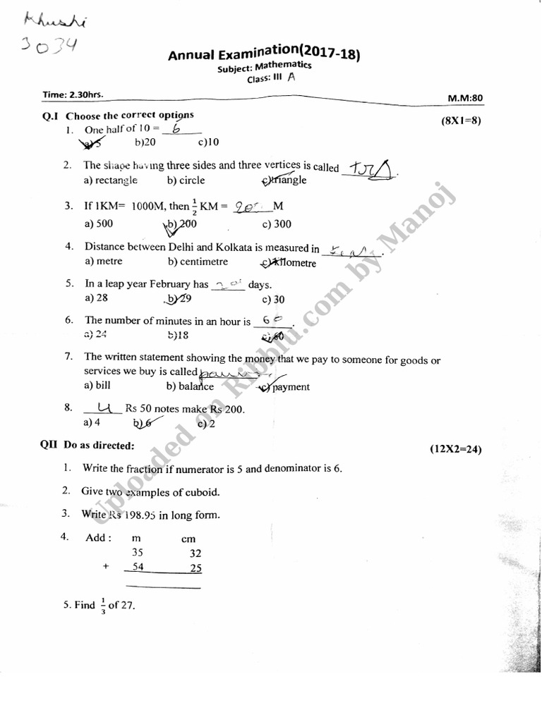 Icse Class 3 Maths Question Paper Pdf Download Papers Exam