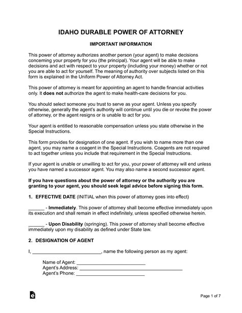 Idaho Power Of Attorney Form Free Templates In Pdf Word Excel To Print