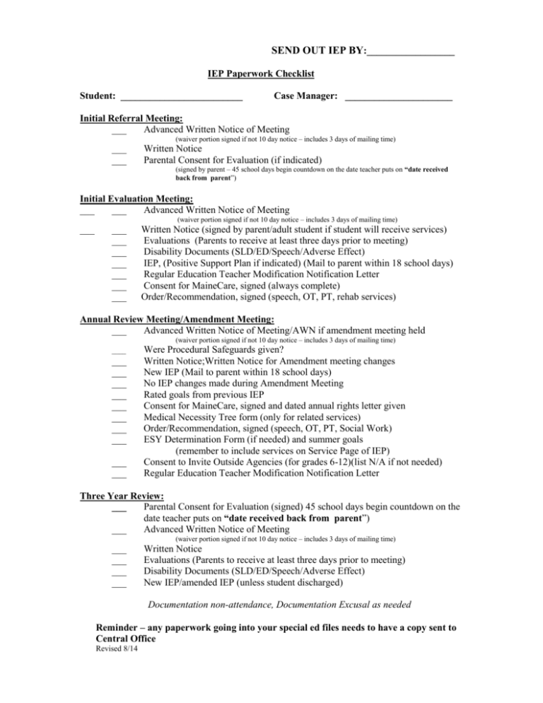 Iep Paperwork Checklist 14 15