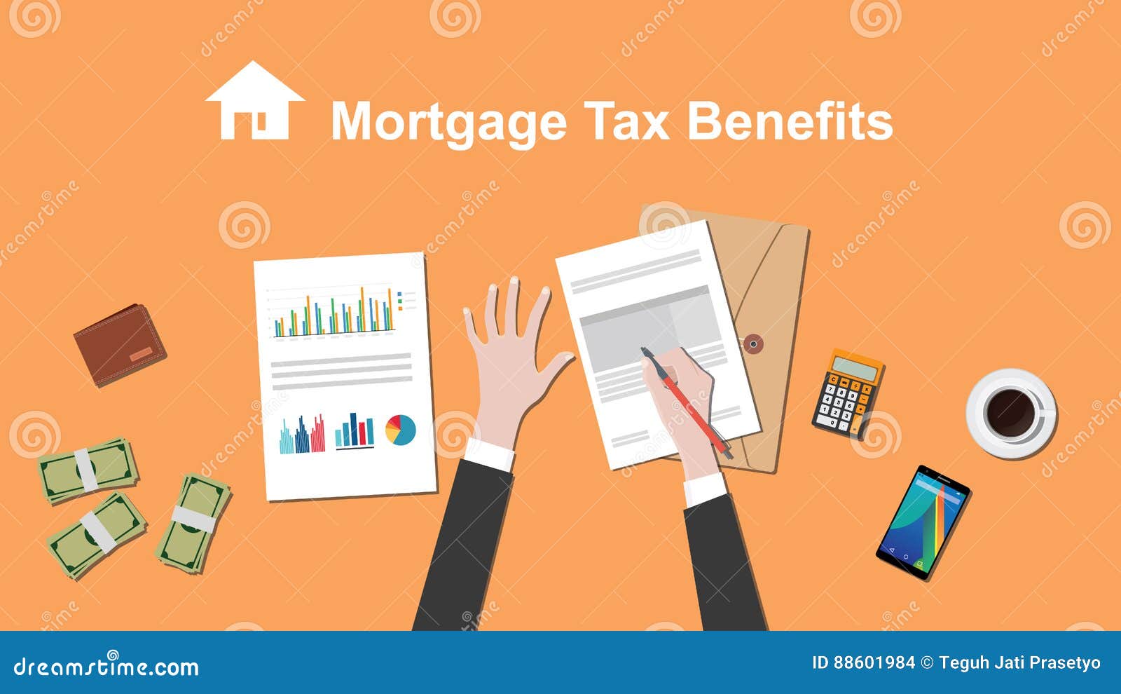 Illustration Of People Counting Mortgage Tax Benefit On A Paperwork With Money Folder Document