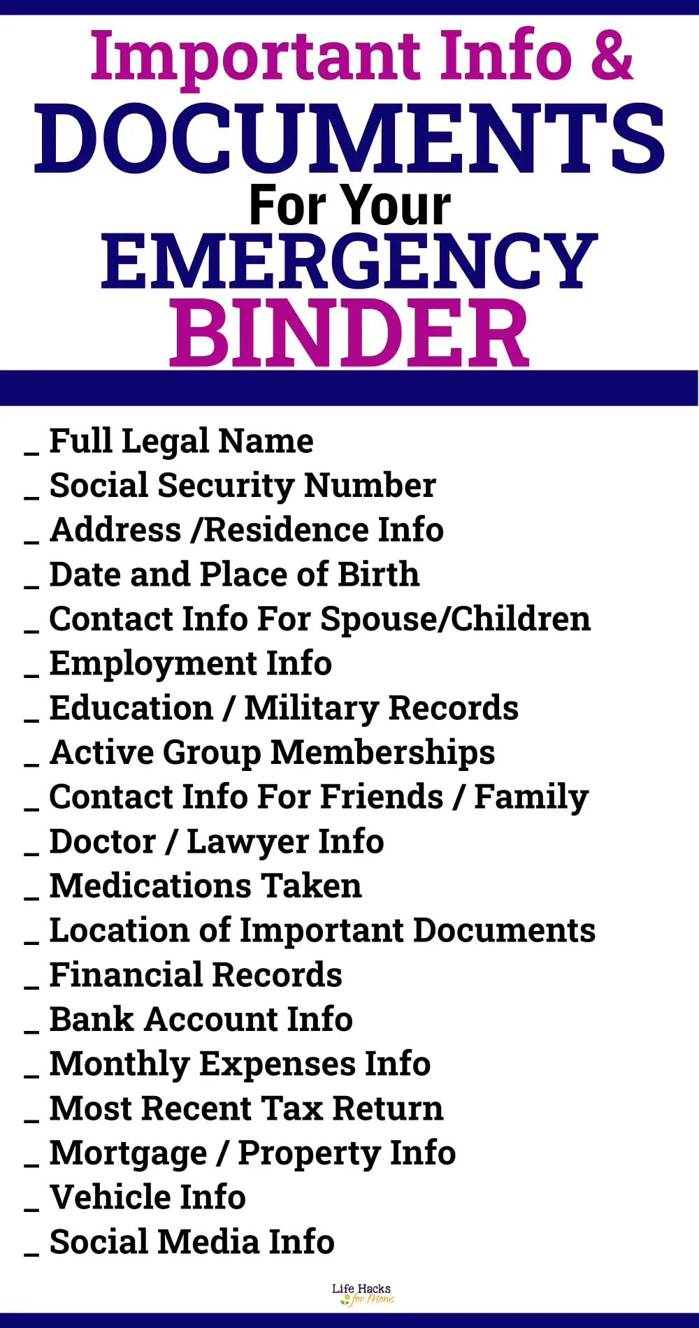 Important Documents Binder Checklist Printable Paperwork Organizing