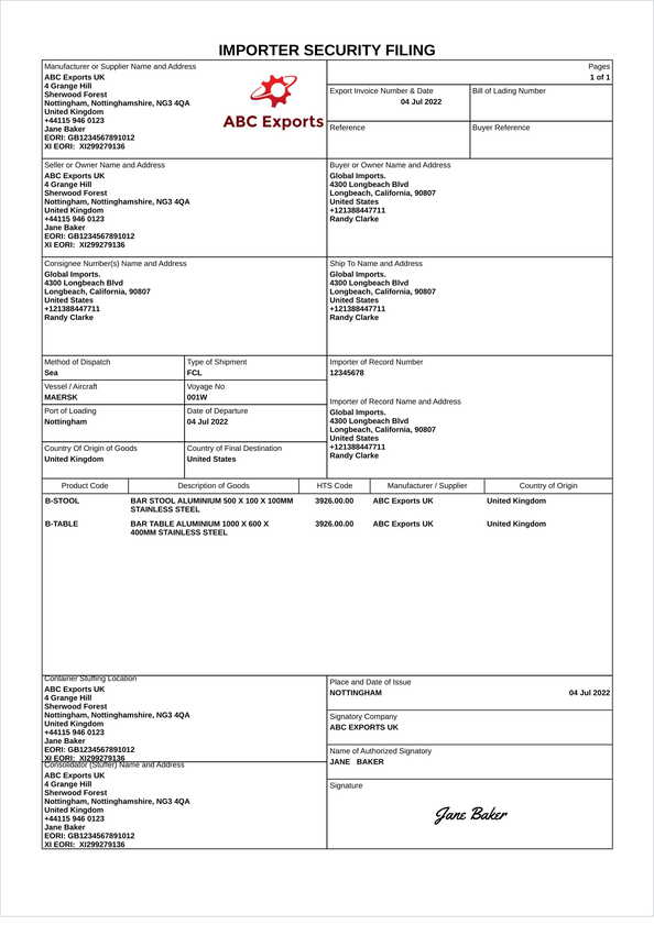 Importer Security Filing Template