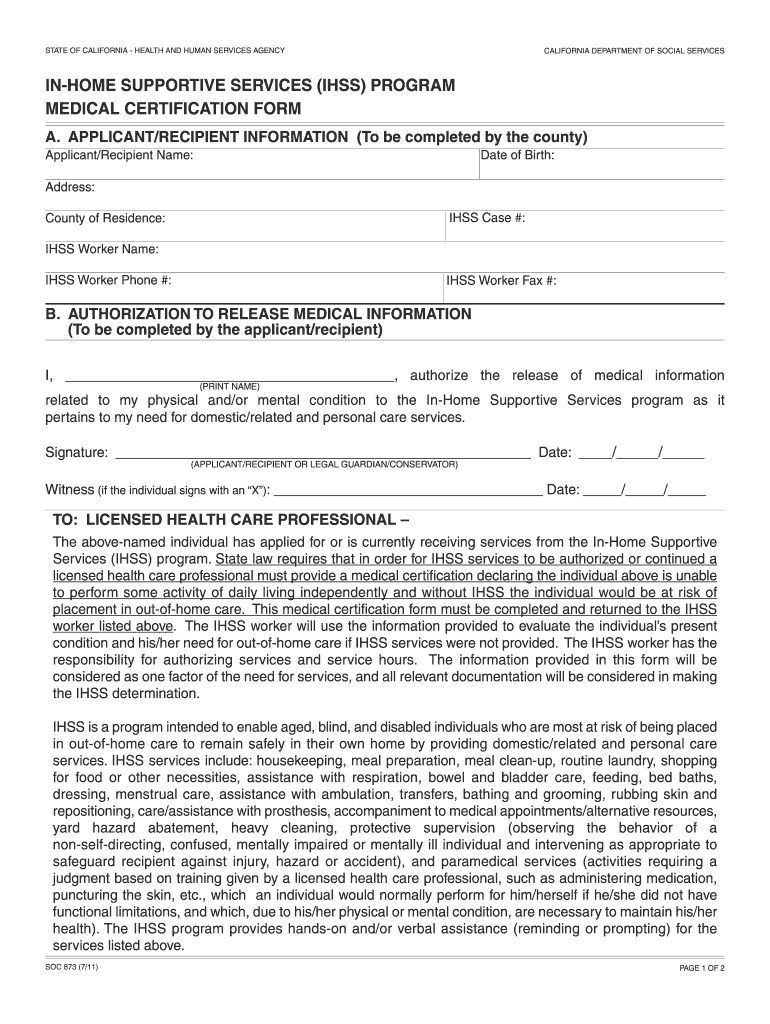 In Home Supportive Services Ihss Program Medical Certification Form