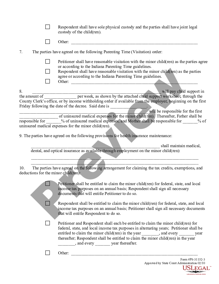 Indiana Divorce Papers With Child Printable Us Legal Forms