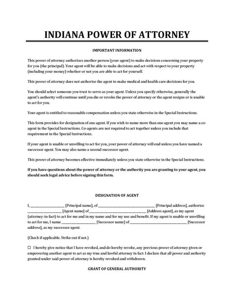 Indiana Power Of Attorney Templates Free Word Pdf Amp Odt