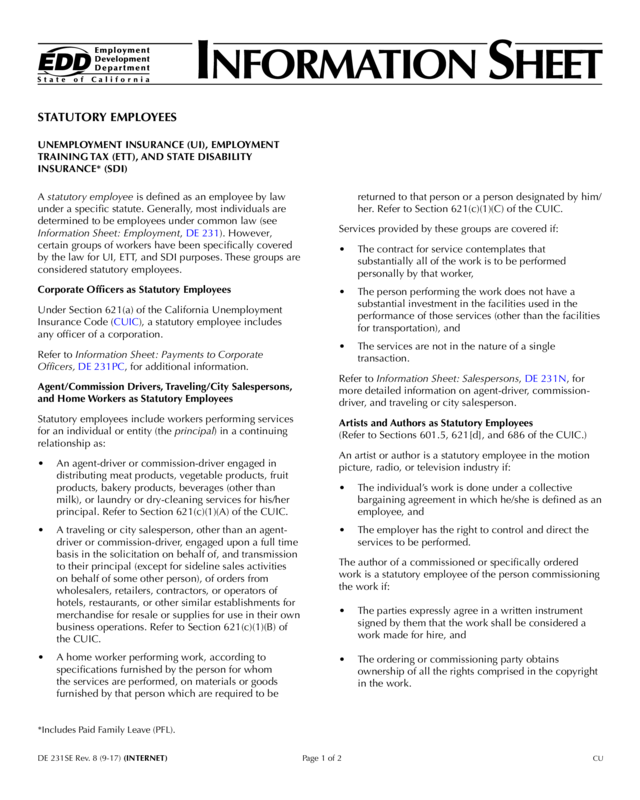 Information Sheet Statutory Employees De 231Se Edit Fill Sign