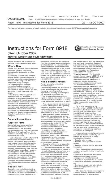 Inst 8918 Instructions For Form 8918 Material Advisor Disclosure