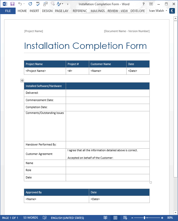 Installation Completion Form Word Template Software Testing