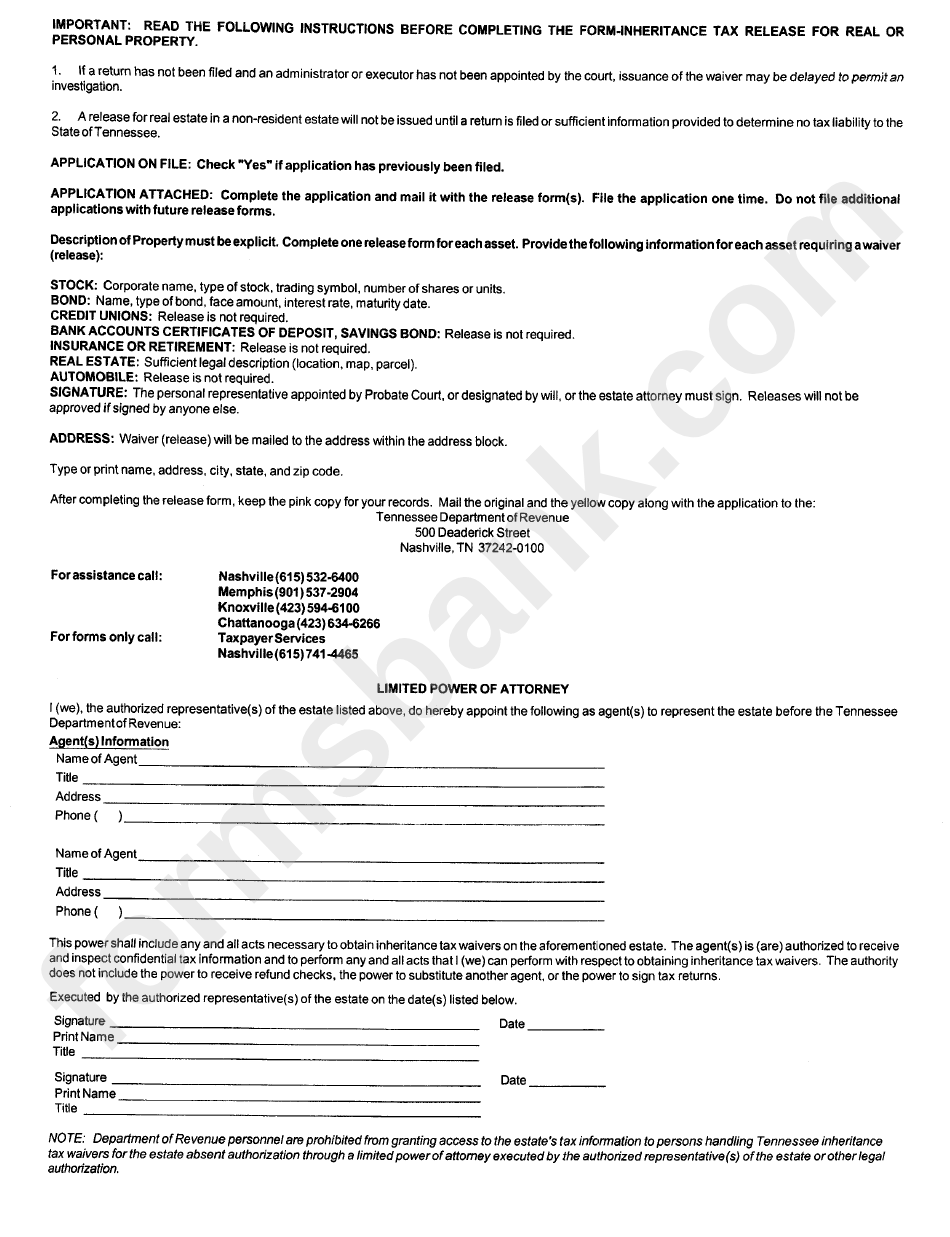 Instructions For Form Inheritance Tax Release For Real Or Personal