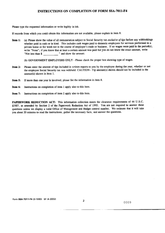 Instructions On Completion Of Form Ssa 7011 F4 Printable Pdf Download