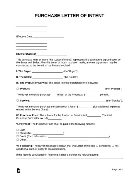 Intent To Purchase Agreement Template