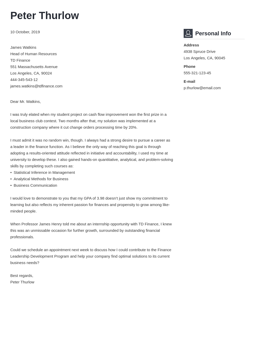 Internship Cover Letter Sample In Word And Pdf Formats