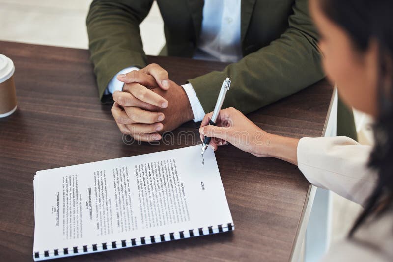 Interview Office And Woman Signing A Document After A Corporate Job