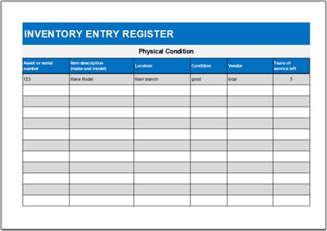 Inventory Entry Register Template Excel Xlsx Worksheet