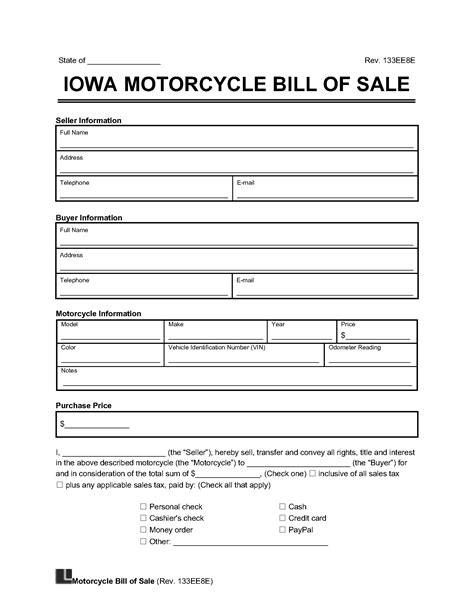 Iowa Motorcycle Bill Of Sale Form Legal Templates