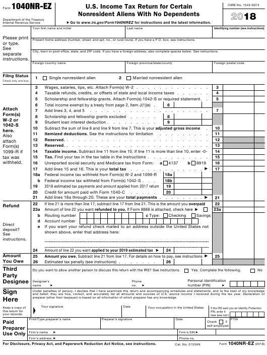 Irs Form 1040 Nr Ez Download Fillable Pdf Or Fill Online U S Income