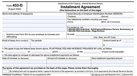 Irs Form 433 D Instructions Setting Up An Installment Agreement