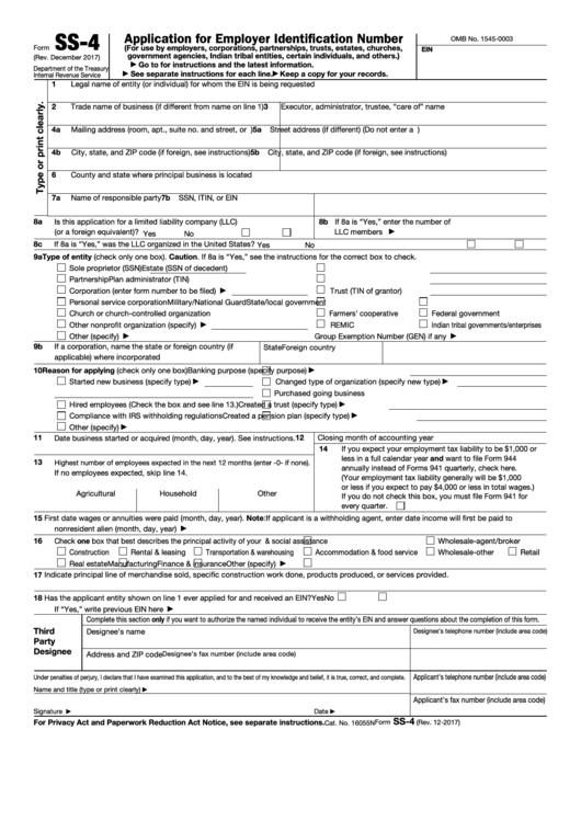 Irs Form Ss 4 Application For Employer Identification Number Ein