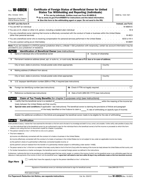 Irs Form W 8Ben Certificate Of Foreign Status Of Beneficial Owner For