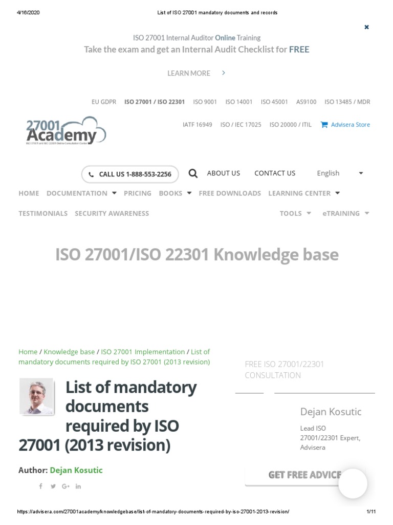 Iso 27001 2022 Mandatory Documents List Advisera