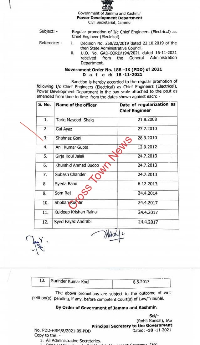 J K Govt Orders Regularisation As Chief Engineers