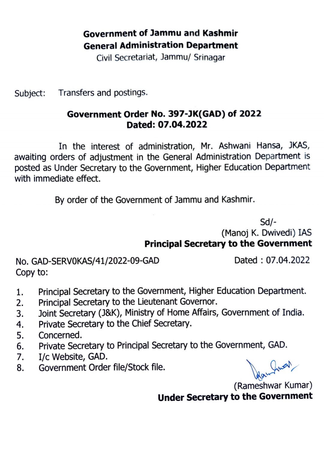 J K Govt Orders Transfers And Postings Of Jkas Officers