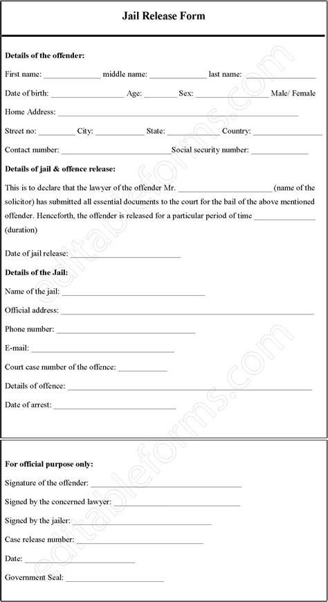 Jail Release Fillable Pdf Form