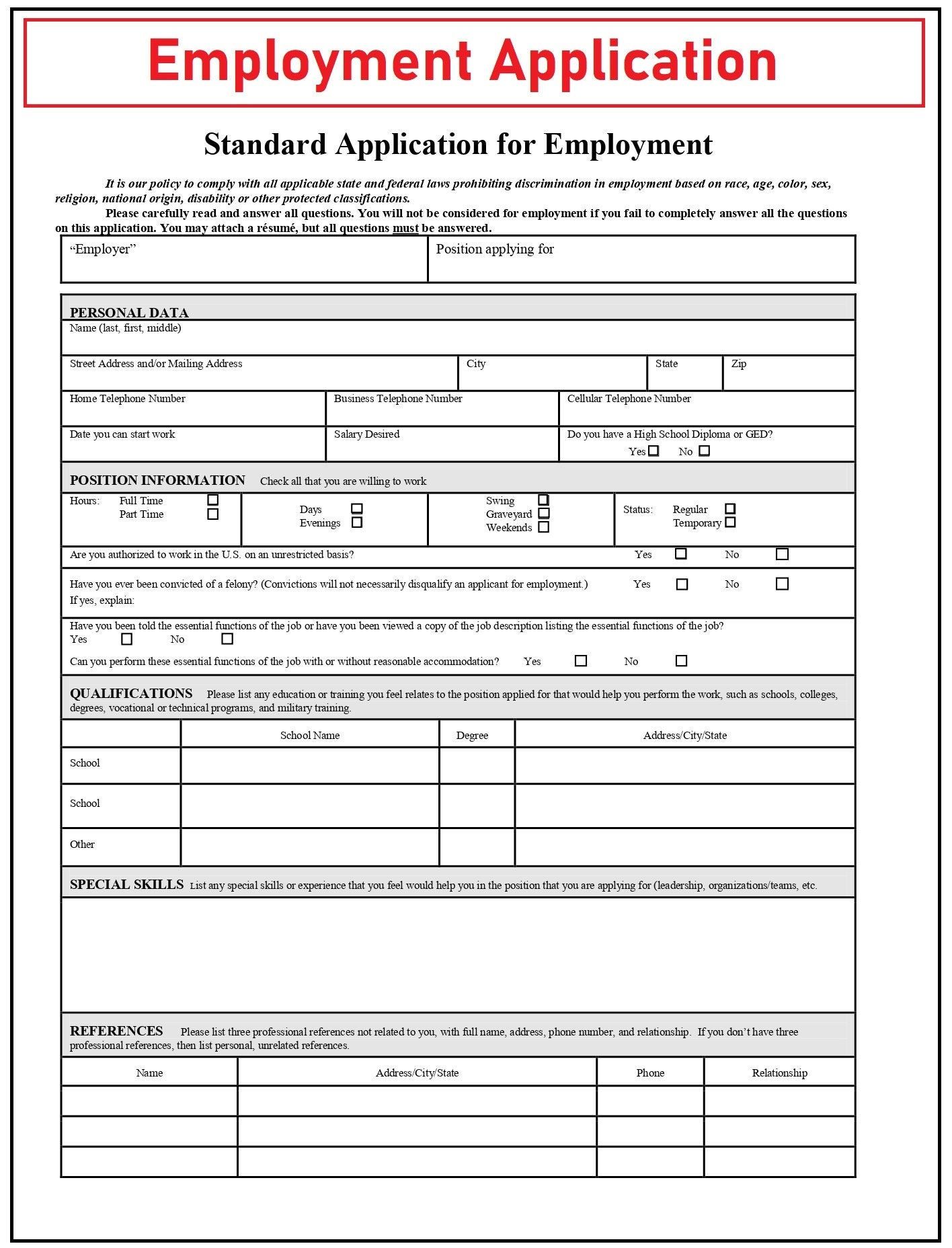 Job Application Form New Employee Form Job Application Template