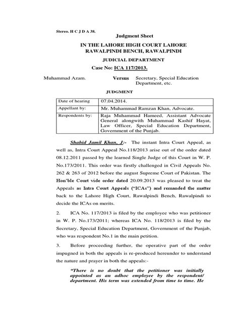 Judgment Sheet Lahore High Court