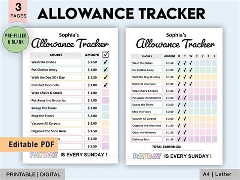 Kid Allowance Tracker Allowance Chart Kids Allowance Allowance Planner Childs Allowance Chore