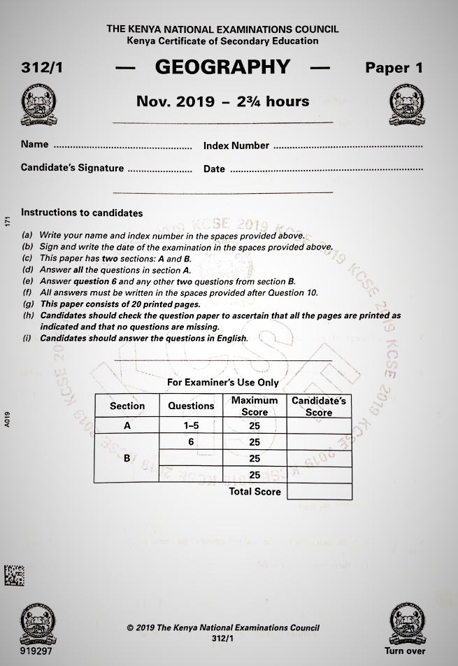 Knec Kcse 2019 Geography Paper 1 Past Paper Muthurwa Com