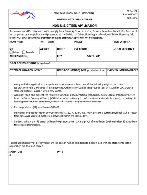 Ky Driver Licensing Non Us Citizen 2020 2024 Form Fill Out And Sign