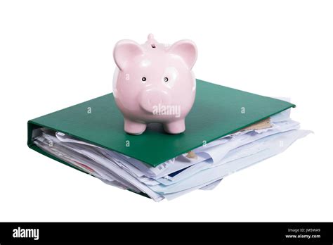 Large Bulging Office Binder Full Of Paperwork With Small Pink Piggy Bank On Top Isolated On