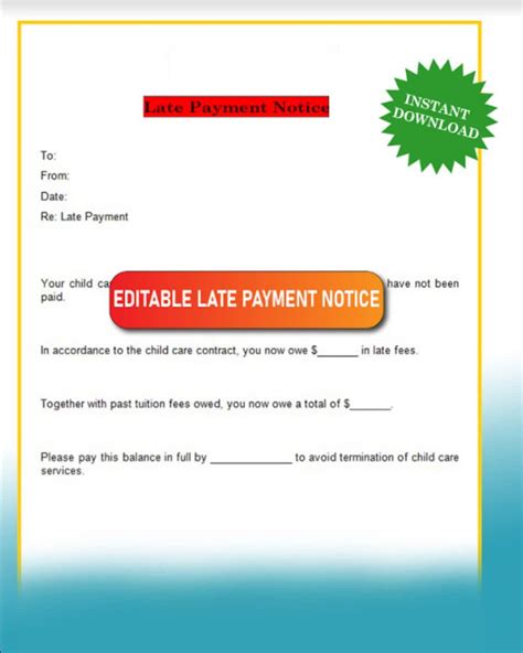 Late Payment Notice Printable For Child Care Home Daycare Daycare