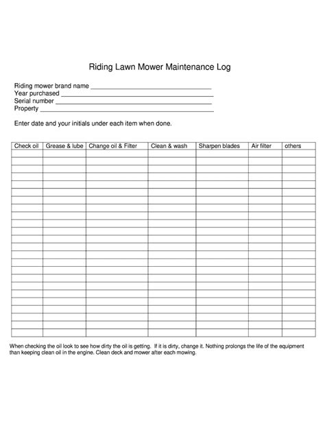 Lawn Mower Maintenance Log Template Fill Online Printable Fillable