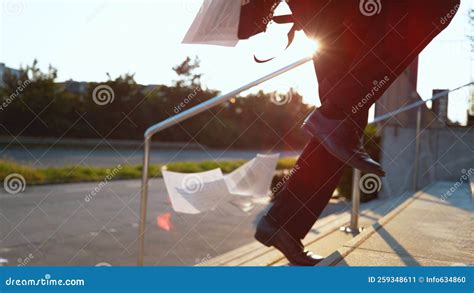 Lens Flare Young Businessman Losing His Paperwork While Sprinting Up Stairs Stock Image Image