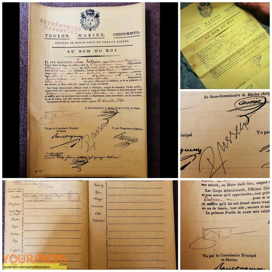 Les Miserables Signed Jean Valjean Travel Papers Original Movie Prop