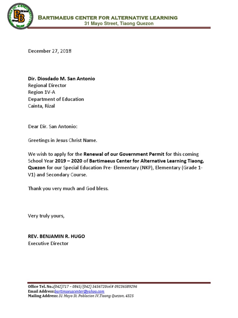 Letter For Permit Renewal 2019 2020 Docx