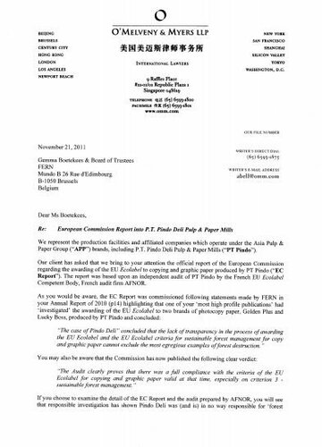 Letter From Asia Pulp And Papers Lawyer Re Ferns Report On Pindo Deli Fern