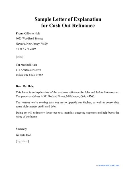 Letter Of Explanation For A Cash Out Refinance Template