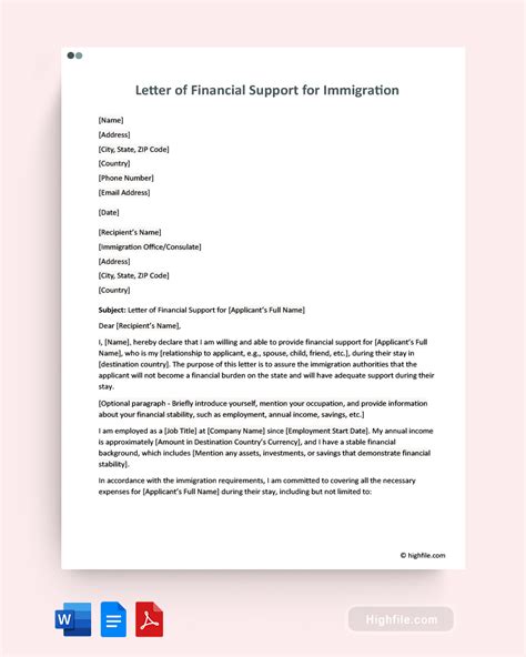 Letter Of Financial Support For Immigration Word Pdf Google Docs