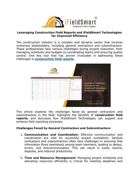 Leveraging Construction Field Reports And Ifieldsmart Technologies For