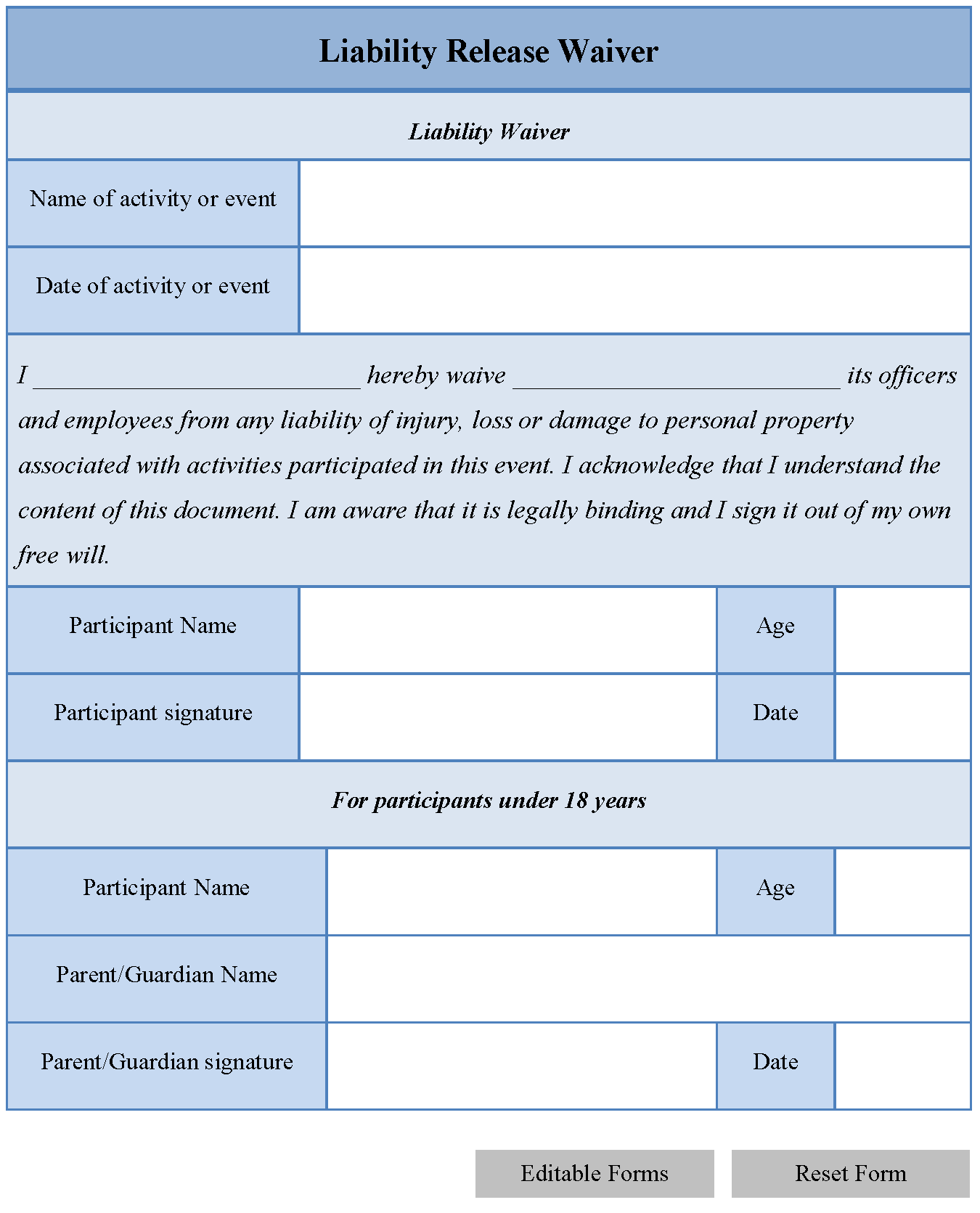 Liability Disclaimer Form Editable Forms