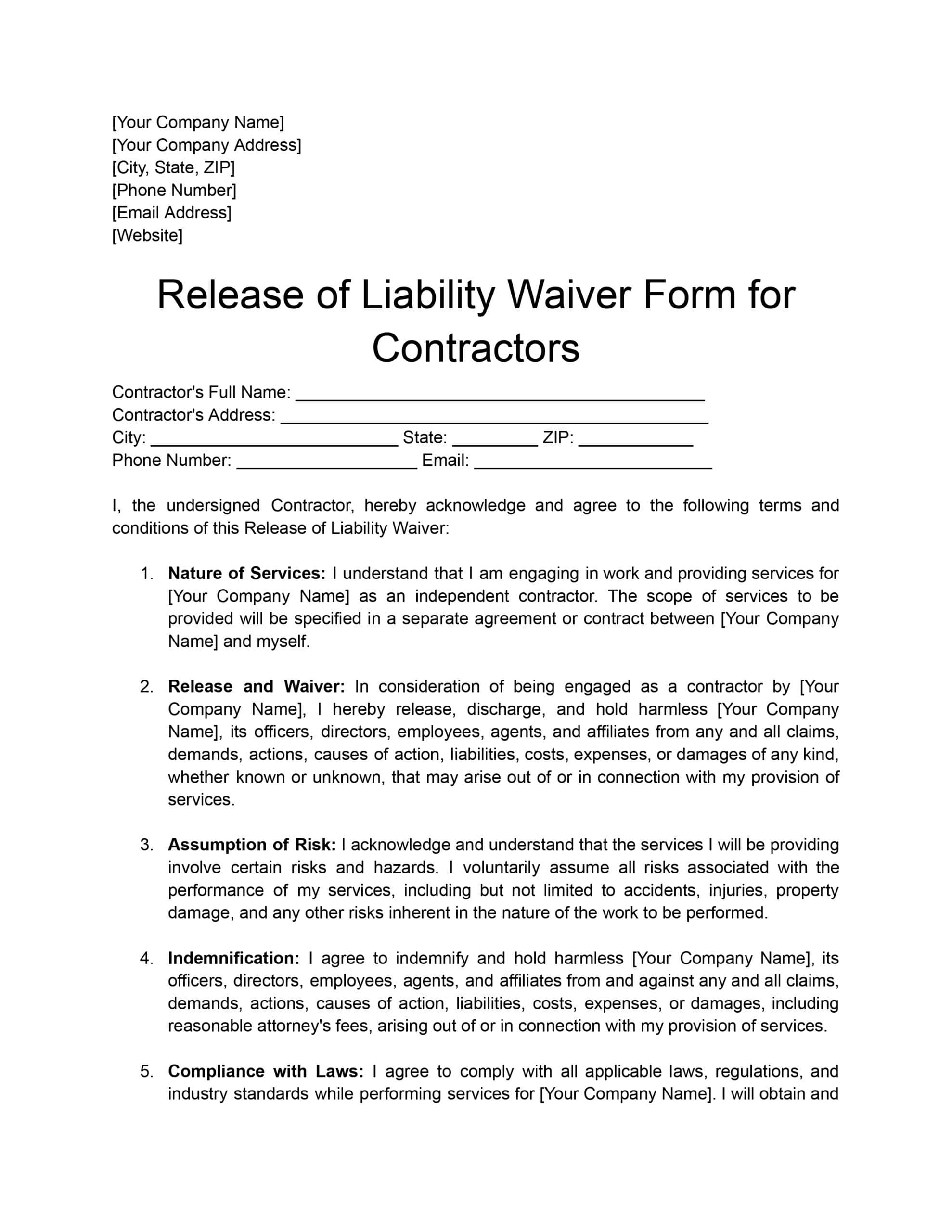 Liability Waiver Release Form Printable Printable Forms Free Online